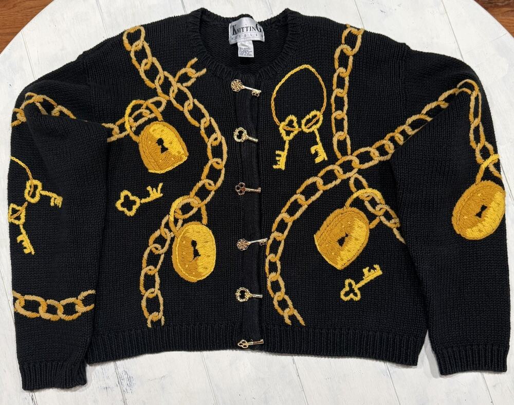 Vintage 80s/90s Knitting Needles Cardigan Large Black Lock & Key Embroidered